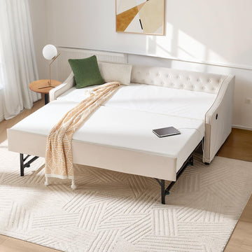 Twin To King Daybed with Pop Up Trundle, Upholstered Button Tufted Velvet Day Bed Frame with USB Ports & Side