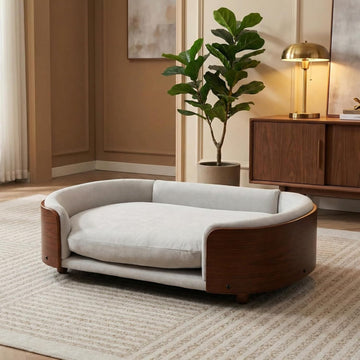 Scandinavian Style Elevated Dog Bed, Pet Sofa with Solid Wood Legs and Walnut Bent Wood Back, Velvet Upholstered