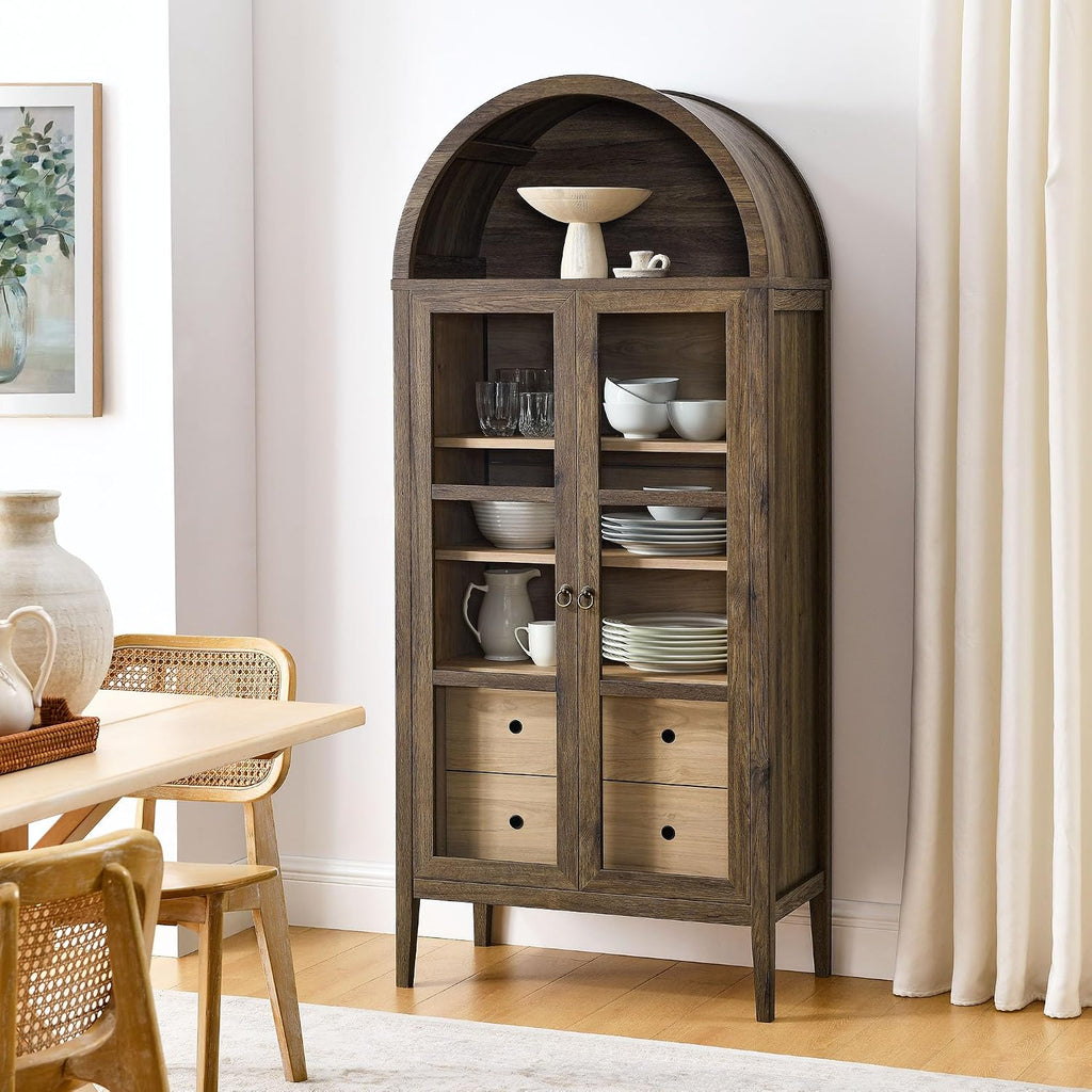 Nolan Modern Farmhouse 71 Inch Tall Arched Storage Display Cabinet in Walnut Hickory Wood Grain - 4-Tier Bookcase