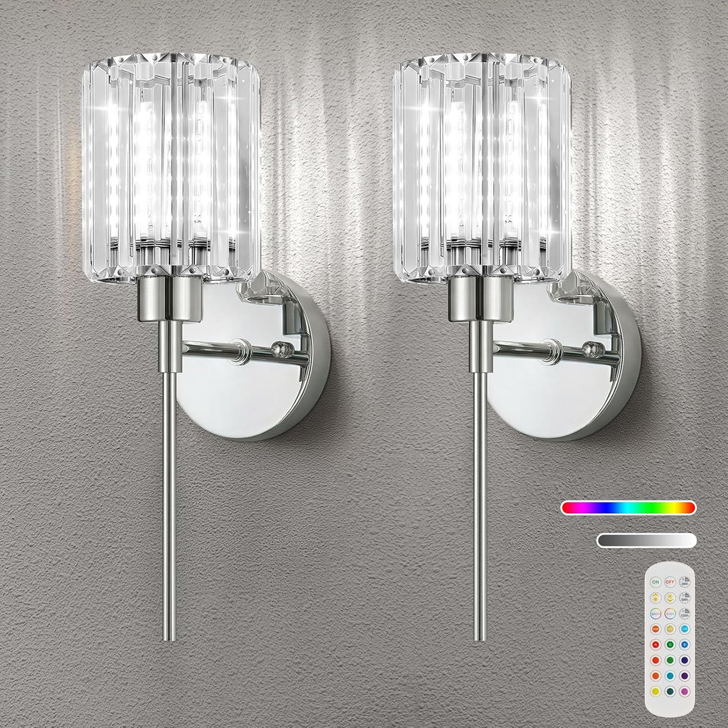 2-Pack Crystal Battery Operated Wall Sconces, Chrome Rechargeable Wireless Wall Sconce Lights with Dimmable Bulbs and