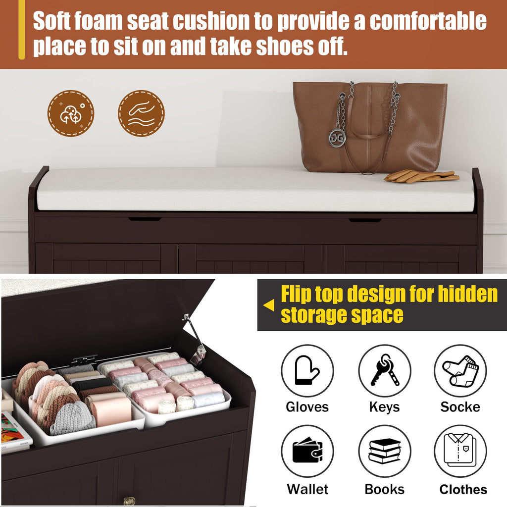 41.3" Shoe Bench with Lift Top Storage, Entryway Bench with Cushioned Seat, Wooden End of Bed Bench, Shoe Cabinet
