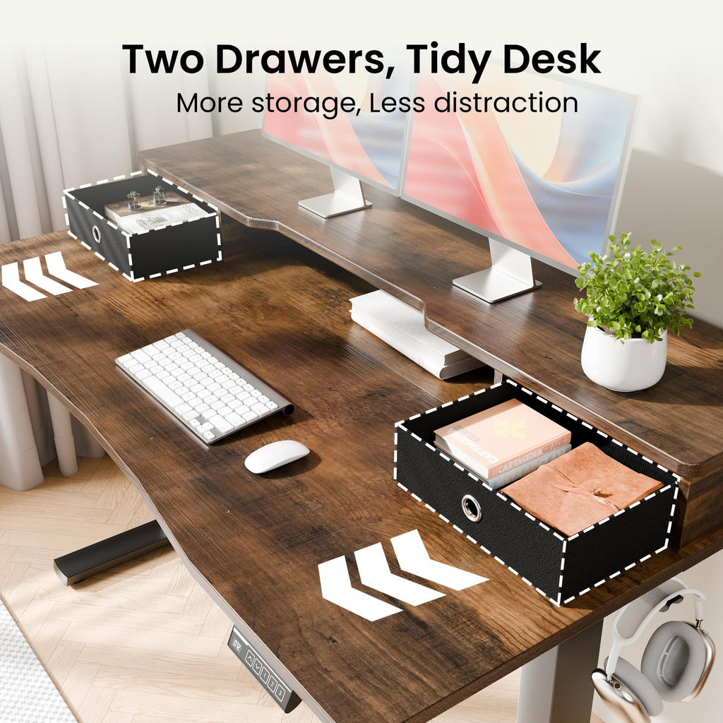 55x26 Inch Electric Standing Desk with Drawers, Rustic Walnut