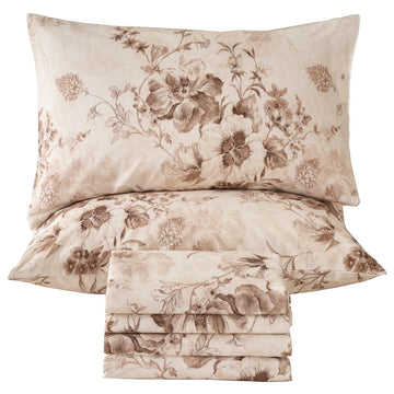 Brown Sheet Set 100% Cotton Flannel-Like Warm Luxury Peony Toile Floral Bed Sheets 4Pc Deep Pocket 17.5"