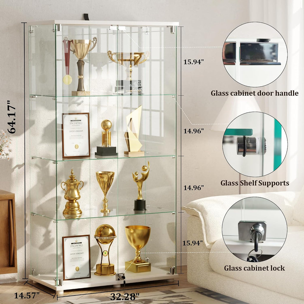 4-Tier Glass Display Cabinet with Lock, Clear Curio Cabinet with Double Glass Doors, for Collectibles, Figures