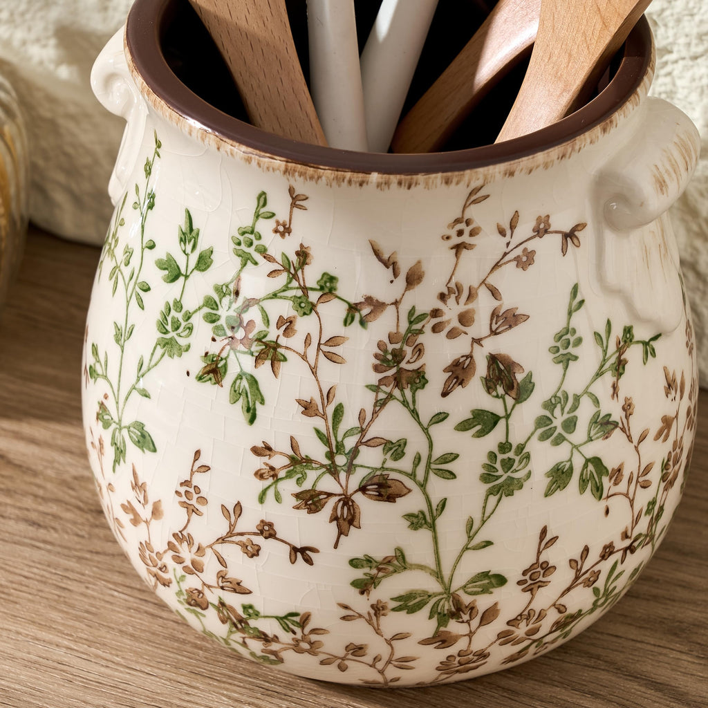 Utensil Holder Counter, Modern Farmhouse Rustic Cooking Utensil Holder and Crock, Exquisite Chinoiserie Floral