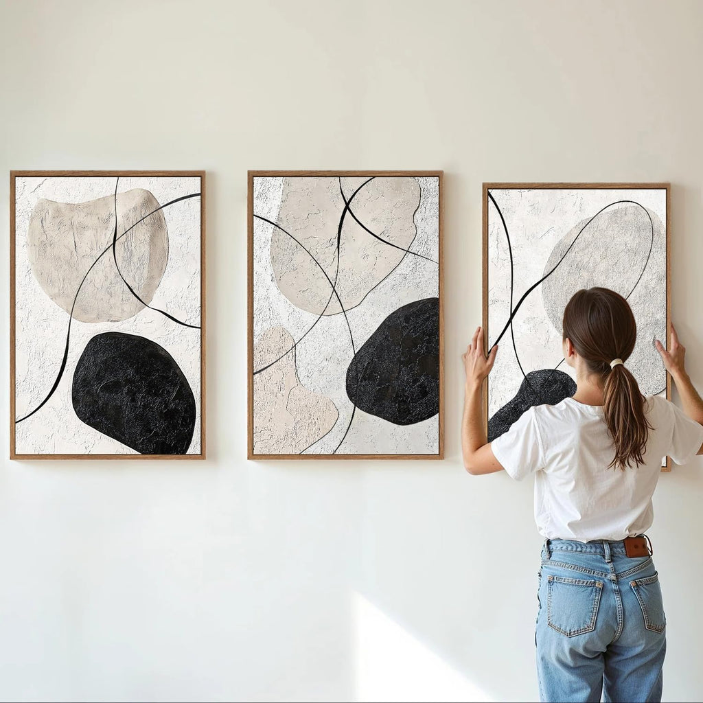 Black and White Framed Canvas Wall Art Set, Neutral Abstract Wall Decor, Modern Minimalist Geometric Art Prints, Calm