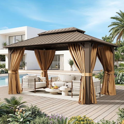 10x12FT Hardtop Gazebo, Metal Frame with Double Galvanized Steel Roof