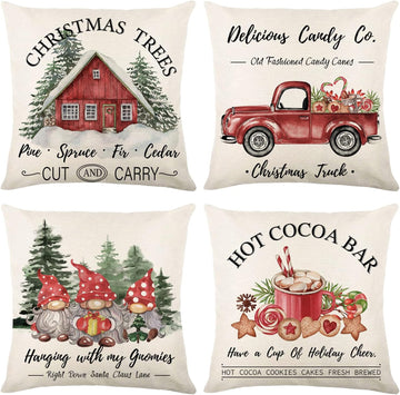 Christmas Throw Pillow Covers 18x18, Merry Christmas Tree Gnome Red Truck Candy Cane Xmas Farmhouse - Set of 4
