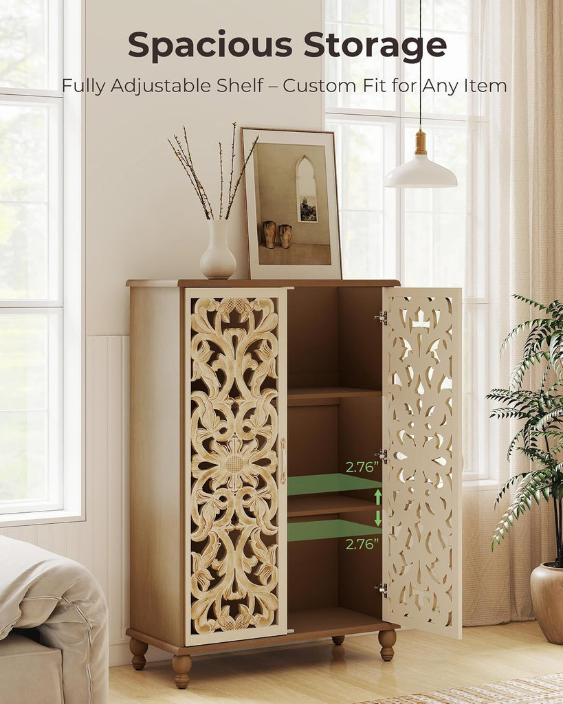 47" Tall Accent Cabinet with Carved Doors, White & Natural | Narrow Boho Farmhouse Sideboard with 3 Adjustable
