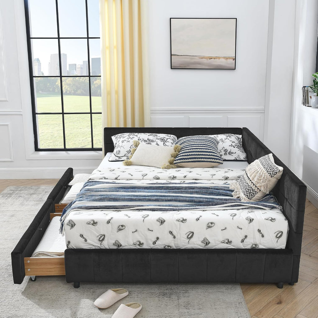 Queen Size Daybed with Storage Drawers, Velevet Upholstered Day Bed Frame with Tufted Backrest and Armrests,Solid