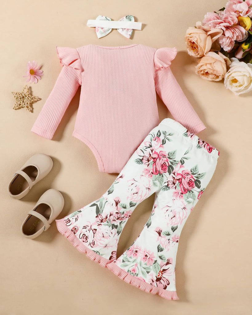 Big Sister Little Sister Matching Outfits Rib Knit Ruffle Long Sleeve Romper Bell Bottoms Pant Sets Hat Headband