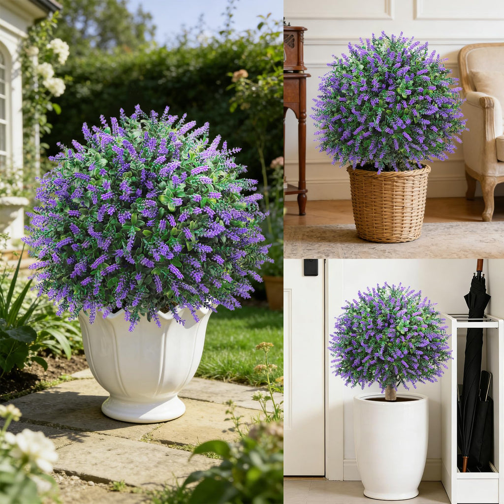 Artificial Lavender Topiary Ball Trees Outdoor, 2 Pack UV Resistant 24" Fake Plants with Grund Spike, Faux Shrubs