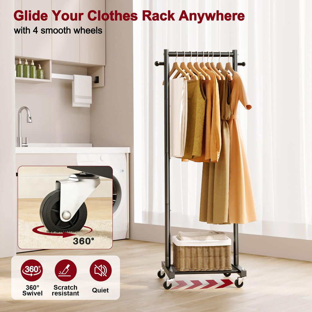 Small Clothes Racks for Hanging Clothes, Rolling Clothing Rack with Shelves, 60" Metal Garment Rack with Wheels