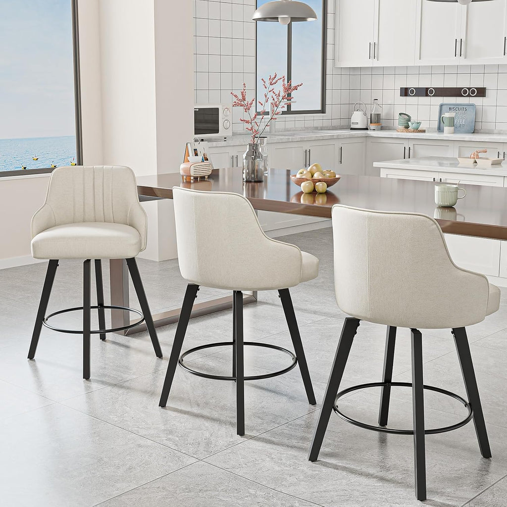 26" H Swivel Barstools Set of 2, Linen Fabric Upholstered Counter Stool with Back, Kitchen High Chairs Counter Height