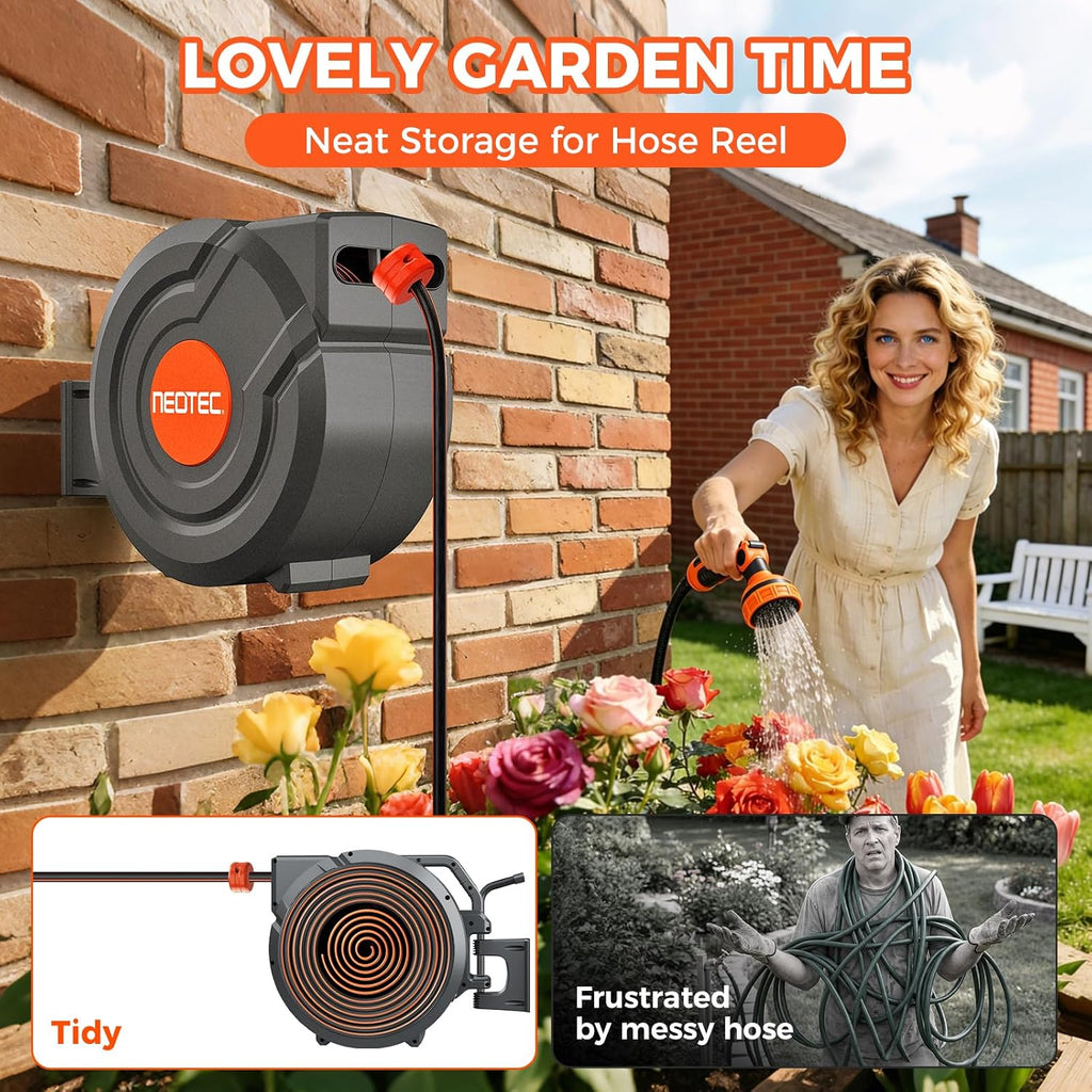 Upgraded Retractable Garden Hose Reel 1/2" x 130 ft 9 Pattern Nozzle Any Length Lock Wall-Mounted Automatic Slow