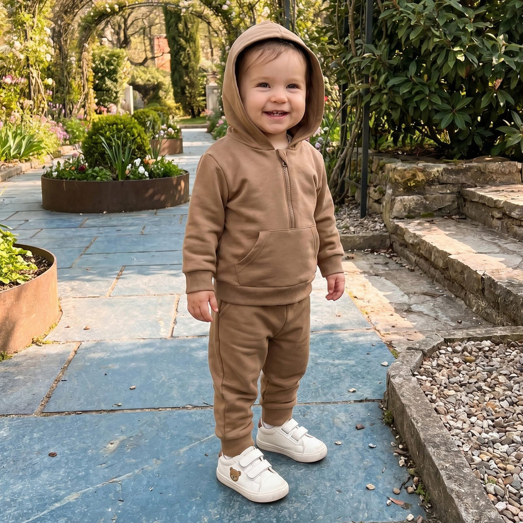 Toddler Baby Boy Clothes Zipper Hooded Sweatshirt Jogger Pants Set (Solid Brown, )