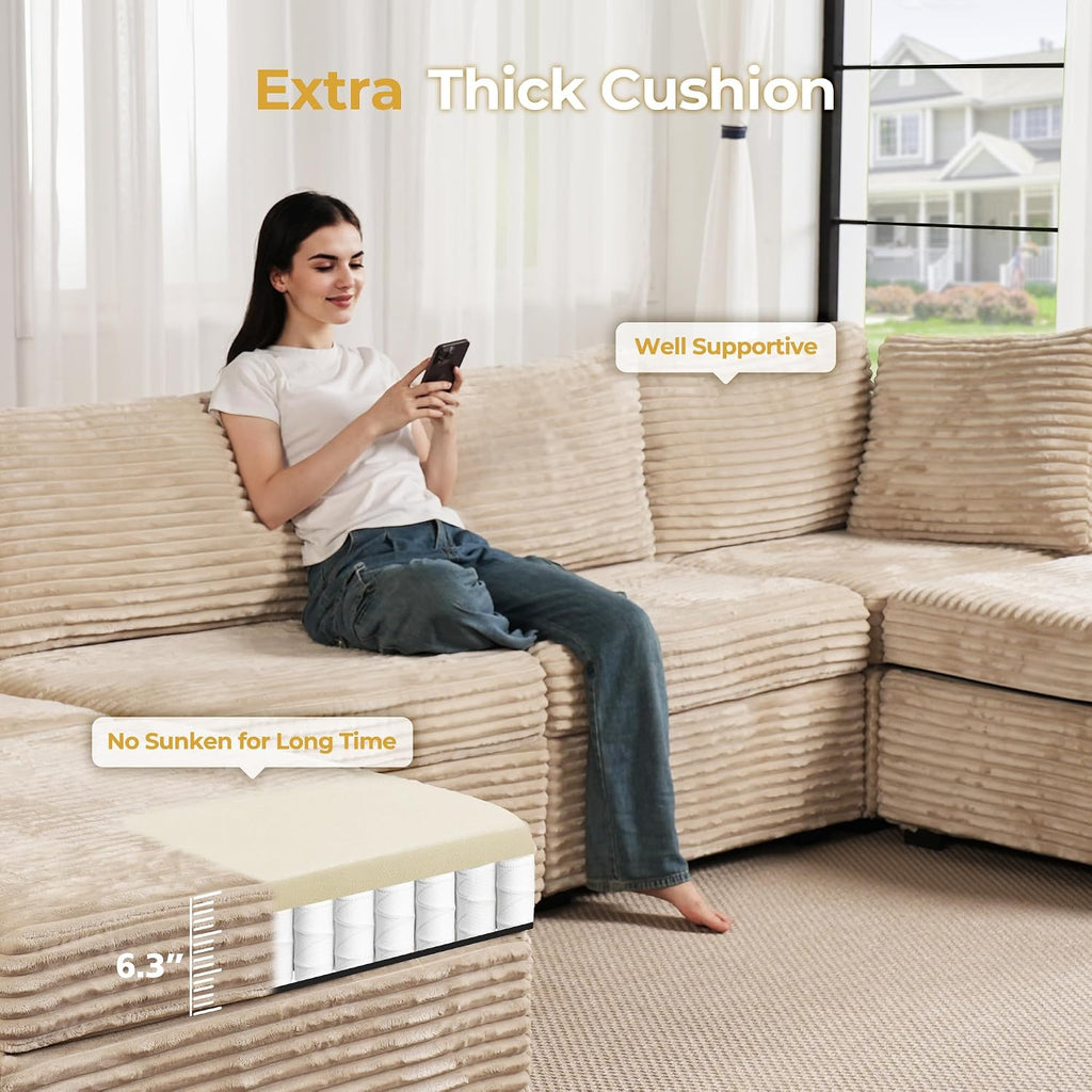 Modular Sectional Sofa,5 Pieces Sectional Couches ,98X98 L Shaped Cloud Couch Set(Beige Velvet Corduroy)
