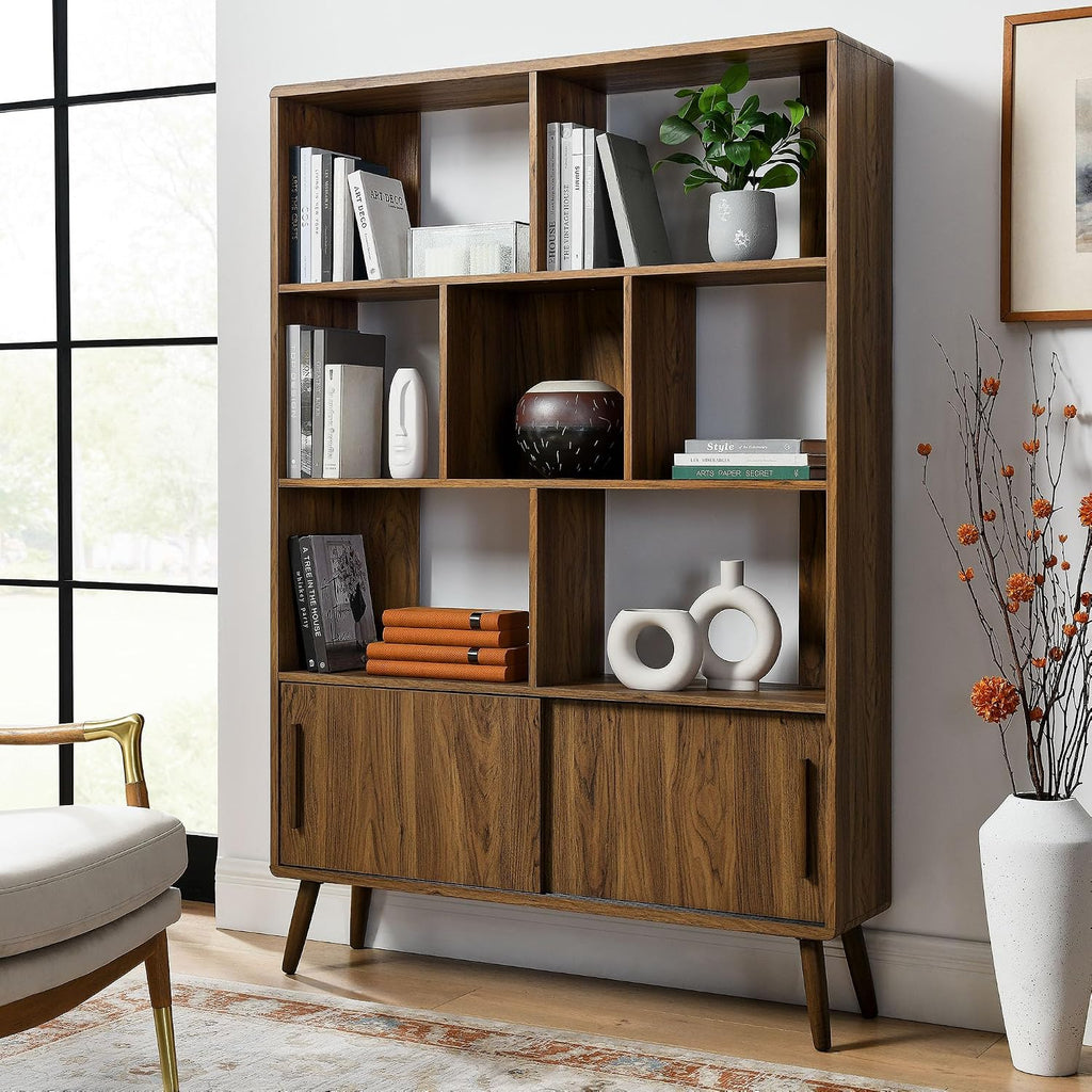Transmit 8 Shelf Bookcase with Sliding Doors in Walnut - 45 Inch Wood Mid-Century Modern Bookshelf - 4 Tier Tall Open