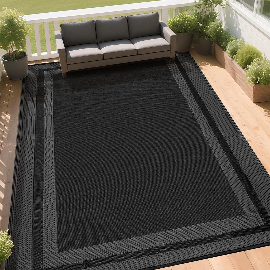 Outdoor Rugs Waterproof s Clearance,Large Plastic Straw Mats for Backyard,Porch,Deck,Balcony,Black&Deep Grey