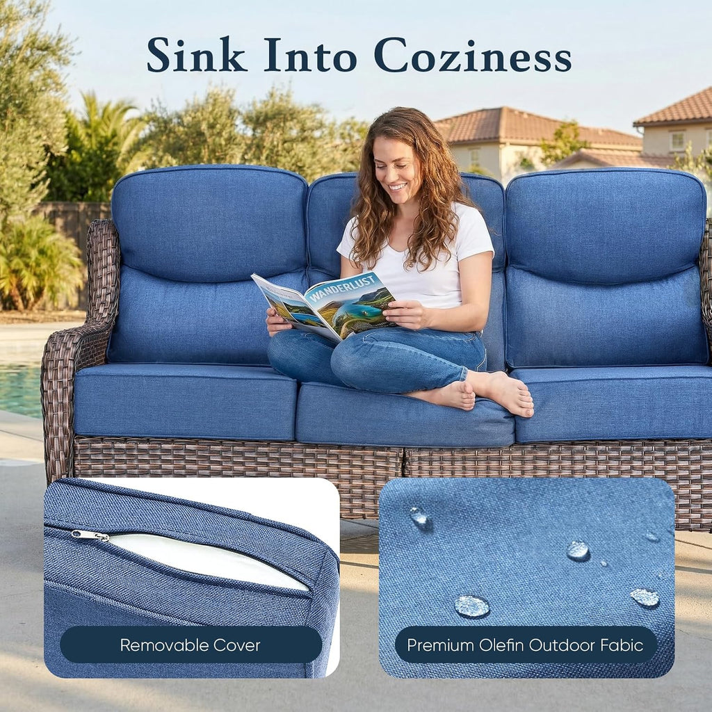 Luxury 6" Thick Cushioned PE Wicker 3-Seater Outdoor Couch, All-Weather Comfortable Modern Patio Sofa, High Back Deep