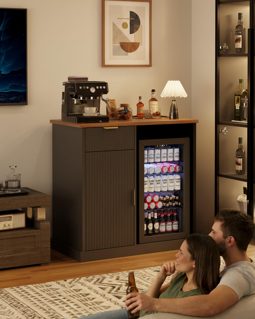 Fluted Coffee Bar with Fridge Space & Power Outlet, 39" Black