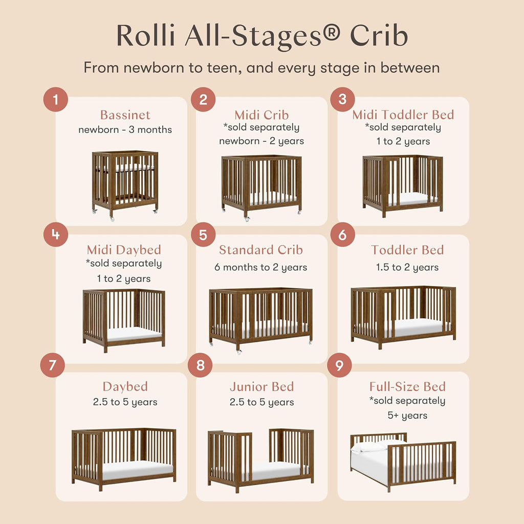 Rolli 9-in-1 Convertible All-Stages Bassinet to Full-Size Crib in Natural Walnut, Greenguard Gold Certified, Portable