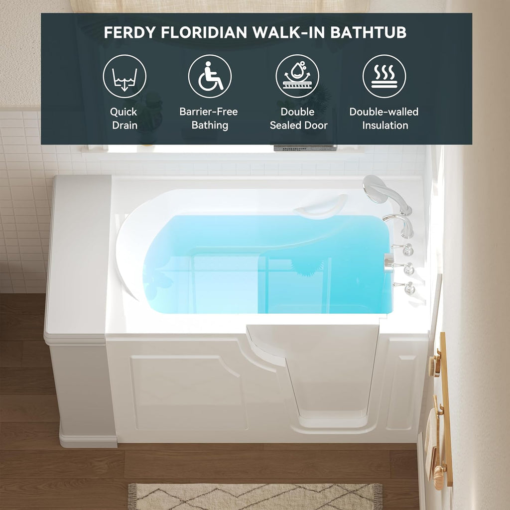 Floridian 55" x 33" Walk-in Bathtub with Right-Side Door Opening and Quick Fill and Drain System, Rectangular Soaking