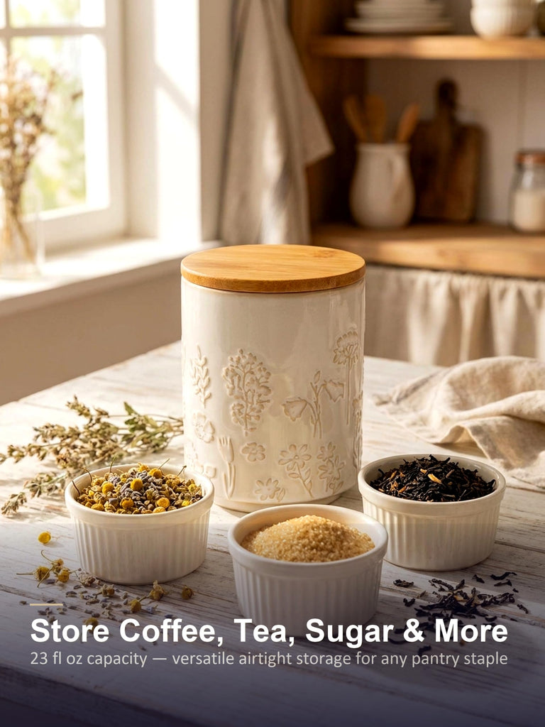 Embossed Ceramic Canister with Airtight Lid, 23oz Decorative Storage Jar for Coffee, Tea, Sugar, Flour & Cookies