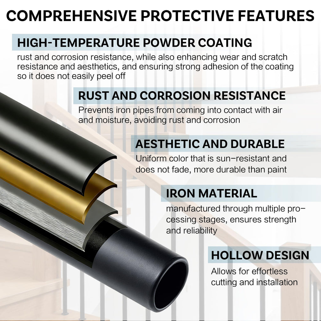 Iron Stair Balusters 5/8" Round Hollow Metal Wrought Iron Spindles for Indoor Staircase & Deck Railing 44" Long Plain