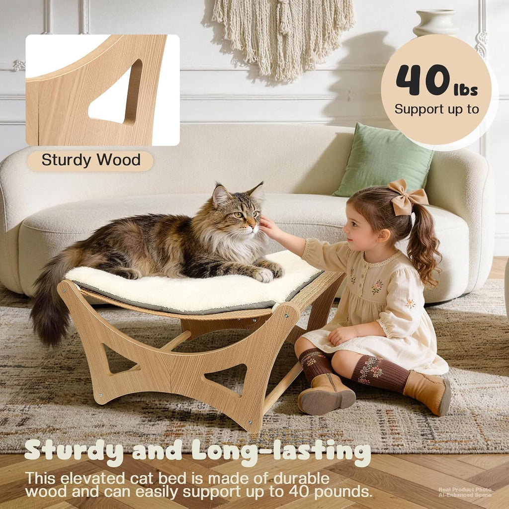 Cat Hammock Bed, Wooden Elevated Cat Beds with Natural Sisal Scratching Mat, Cats Scratcher Bed with Removable Soft