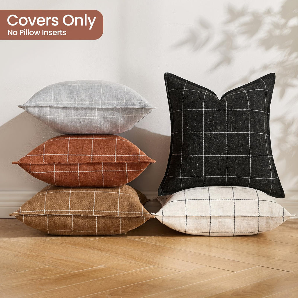 Terracotta Rust Plaid Boho Linen Woven Throw Pillow Covers 20x20 Set of 2