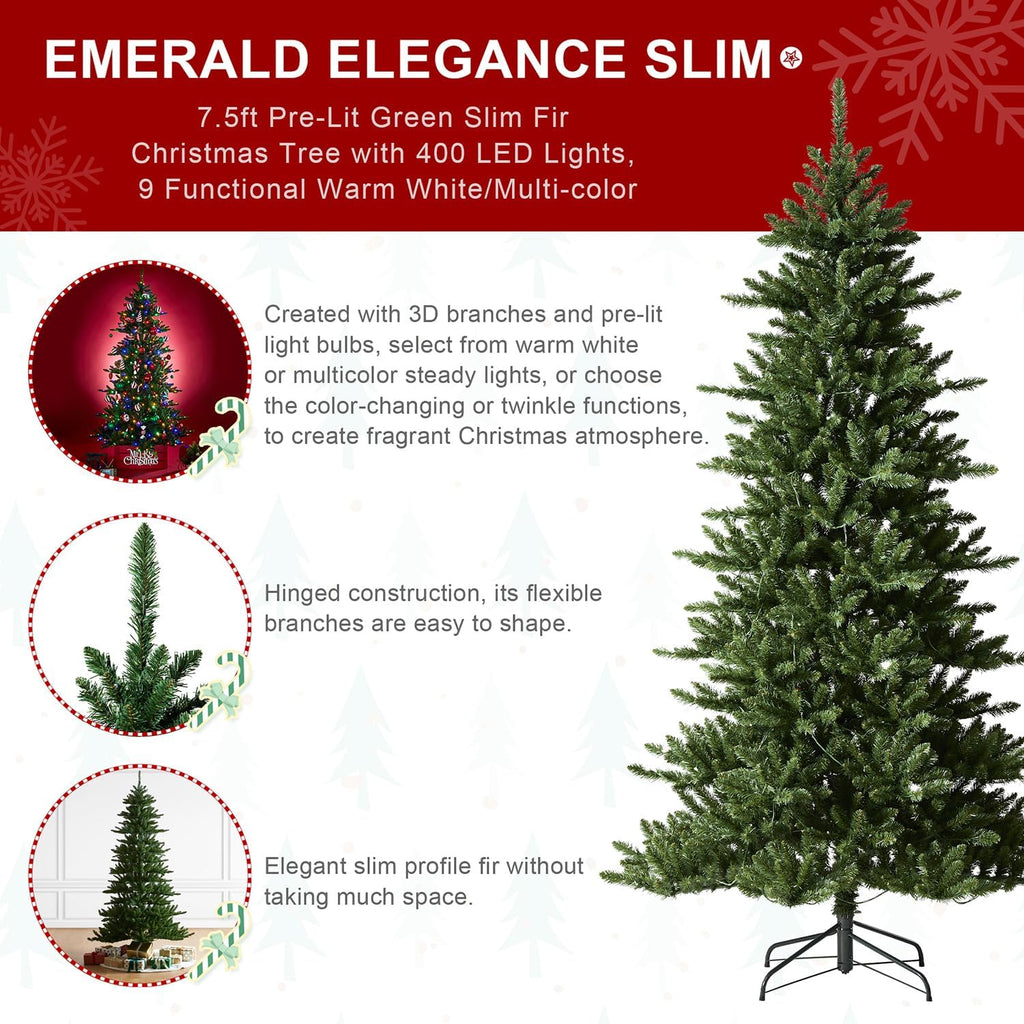 7.5ft Prelit Christmas Tree, Artificial Christmas Tree Emerald Elegance Slim Green Fir Tree with 400 LED Lights, 1336