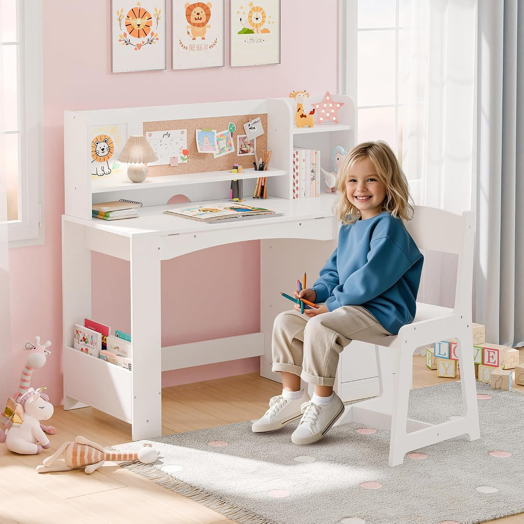 Kids Desk and Chair Set, Wooden Desk for Kids with Tiltable Desktop & Hutch, Kid Desk with Storage Cabinet, Study
