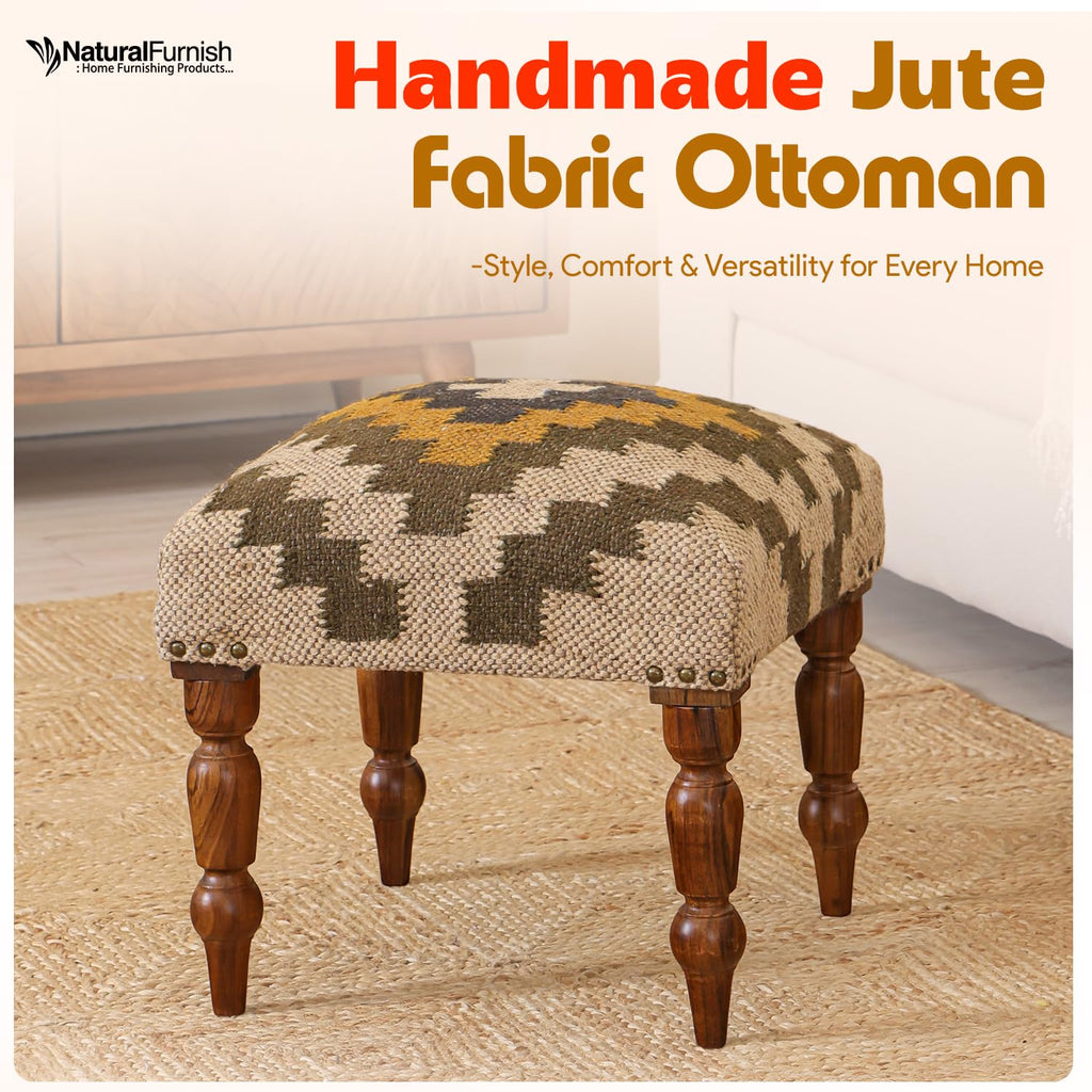 Handmade Jute Upholstered Ottoman Stool | Square Foot Rest with Wooden Legs | Decorative Accent Seating, Vanity &