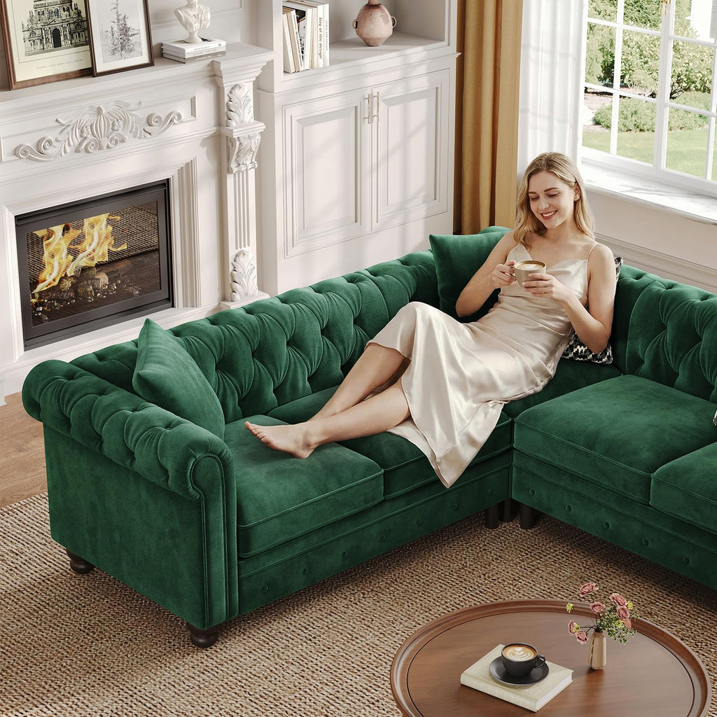 Velvet Chesterfield Sofa, L-Shaped Sectional Sofa with Tufted Back