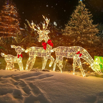 Set of 3 Lighted Christmas Reindeer Family, LED White Metal Deer Yard Decorations with Red Bows, Battery Operated 2D