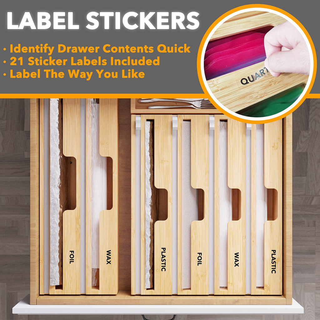 WrapNeat 4 in 1 Wrap Organizer with Cutter and Labels, Plastic Wrap, Aluminum Foil and Wax Bamboo Dispenser Storage