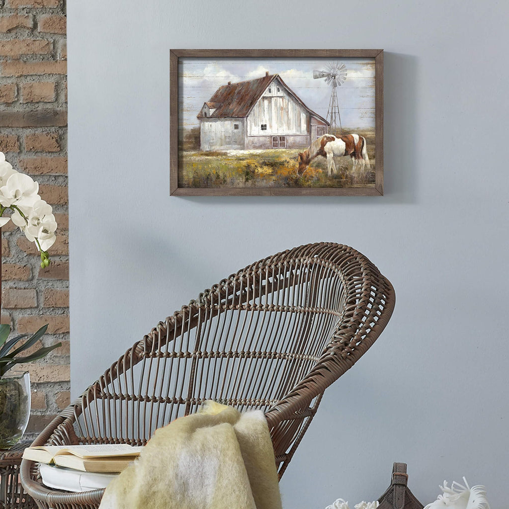 Horse Wall Art, Rustic Barn and Windmill Picture for Farmhouse, 11x16