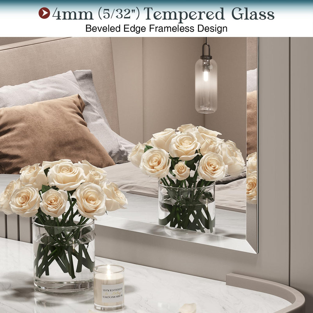 Frameless Bathroom Mirror, 30"x36" Beveled Bathroom Mirror for Vanity, Wall Mount Mirrors with 4mm Tempered Glass