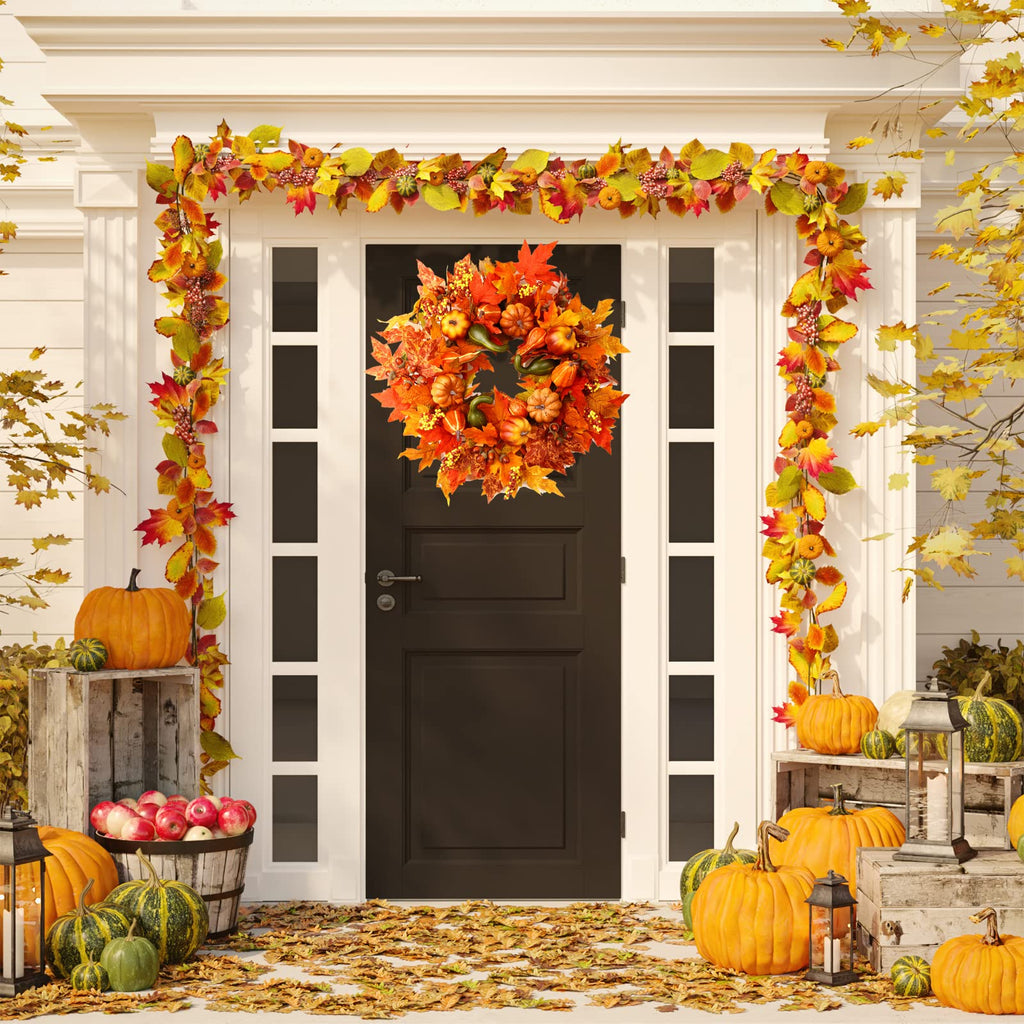 24" Harvest Fall Wreaths for Front Door Outside, Autumn Wreath with Pumpkins
