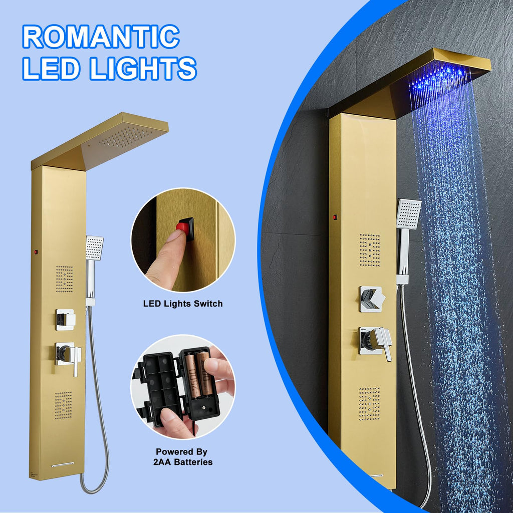 5-in-1 LED Shower Panel Tower System Stainless Steel Gold