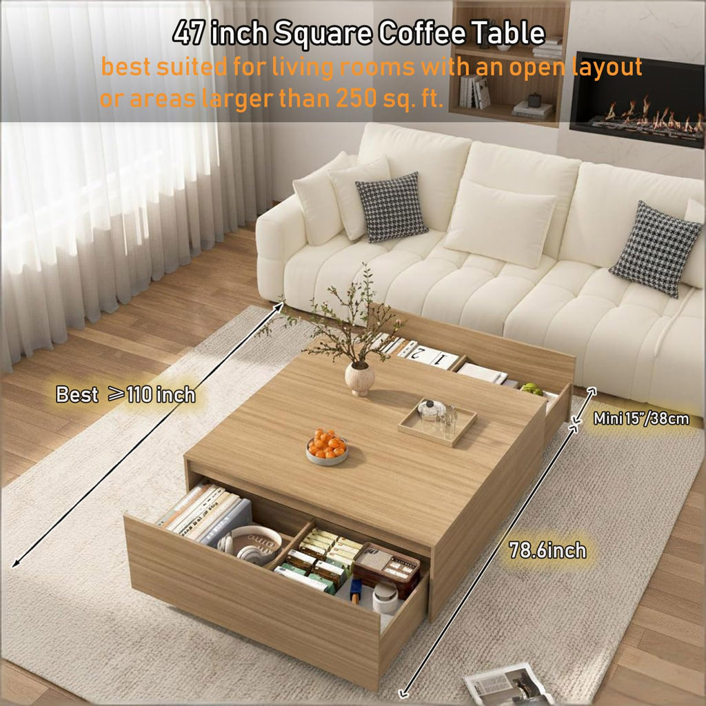47 Inch Large Square Coffee Table with Storage, Wooden Coffee Table((OAK)