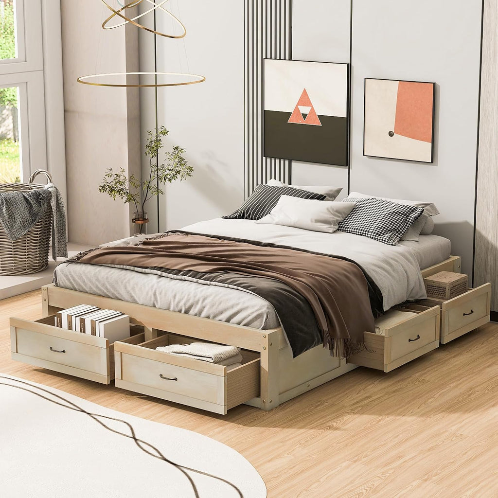 Japanese Low Platform Wooden Bed Frame with 6 Antique Natural Storage Drawers, Farmhouse Floor Beds