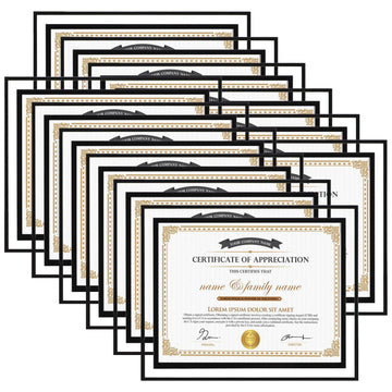 12 Pack 8.5 by 11 Black Glass Certificate Frame, 8.5x11 School Frame
