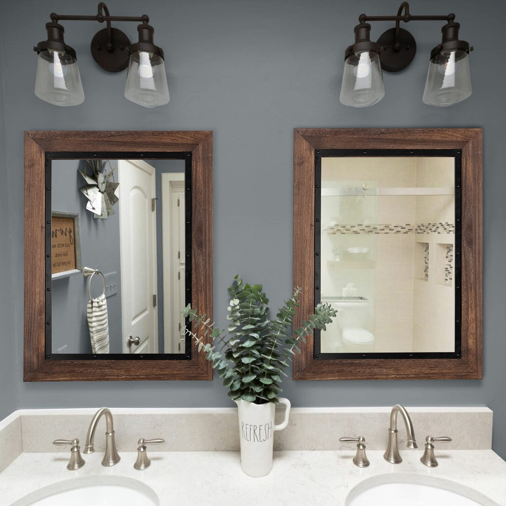 Rustic Wooden Framed Wall Mirror, 40"x26", Natural Wood and Iron Bathroom Vanity Mirror for Farmhouse Decor, Vertical