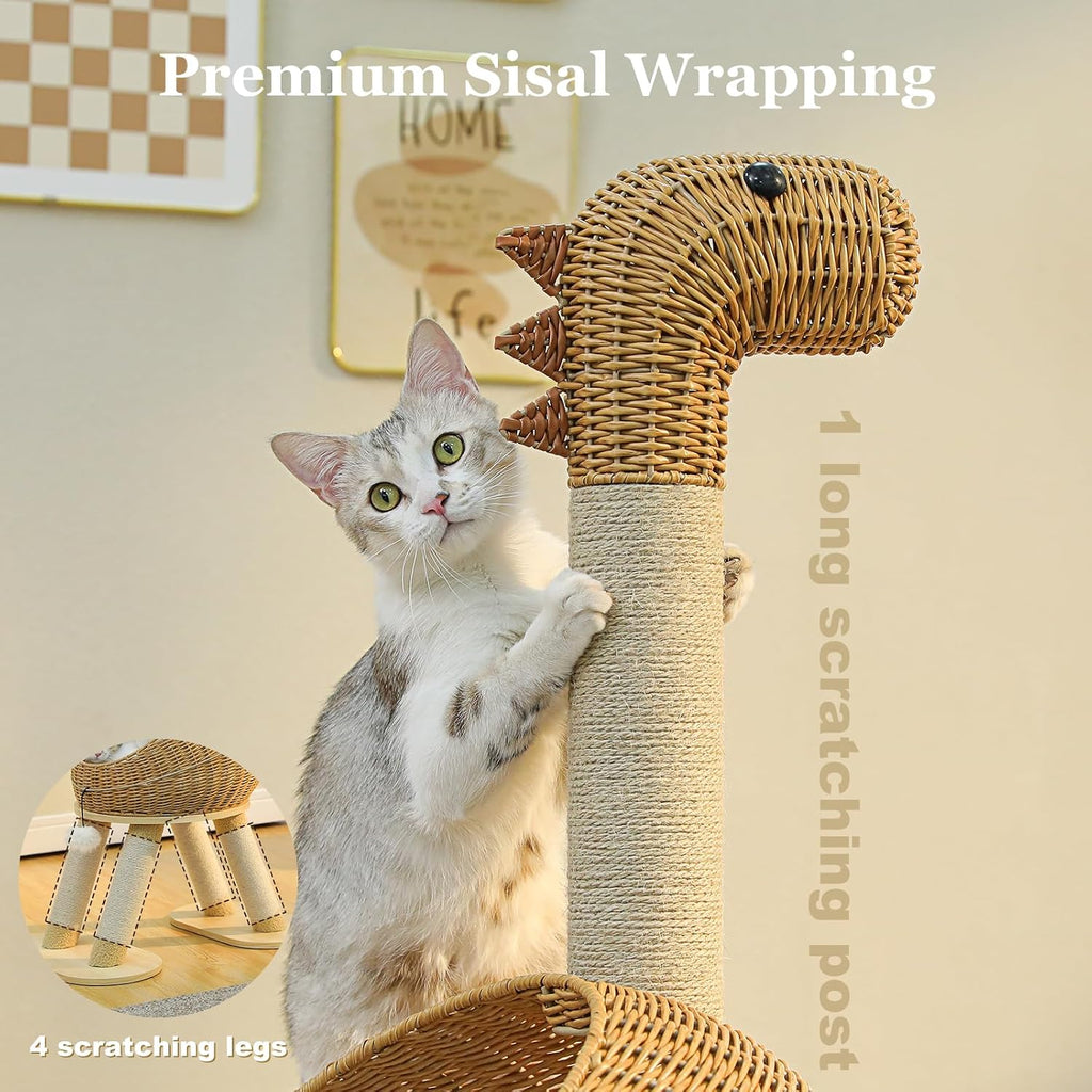 Dinosaur Cat Tree 46" Cat Scratching Posts with Large Rattan Bed