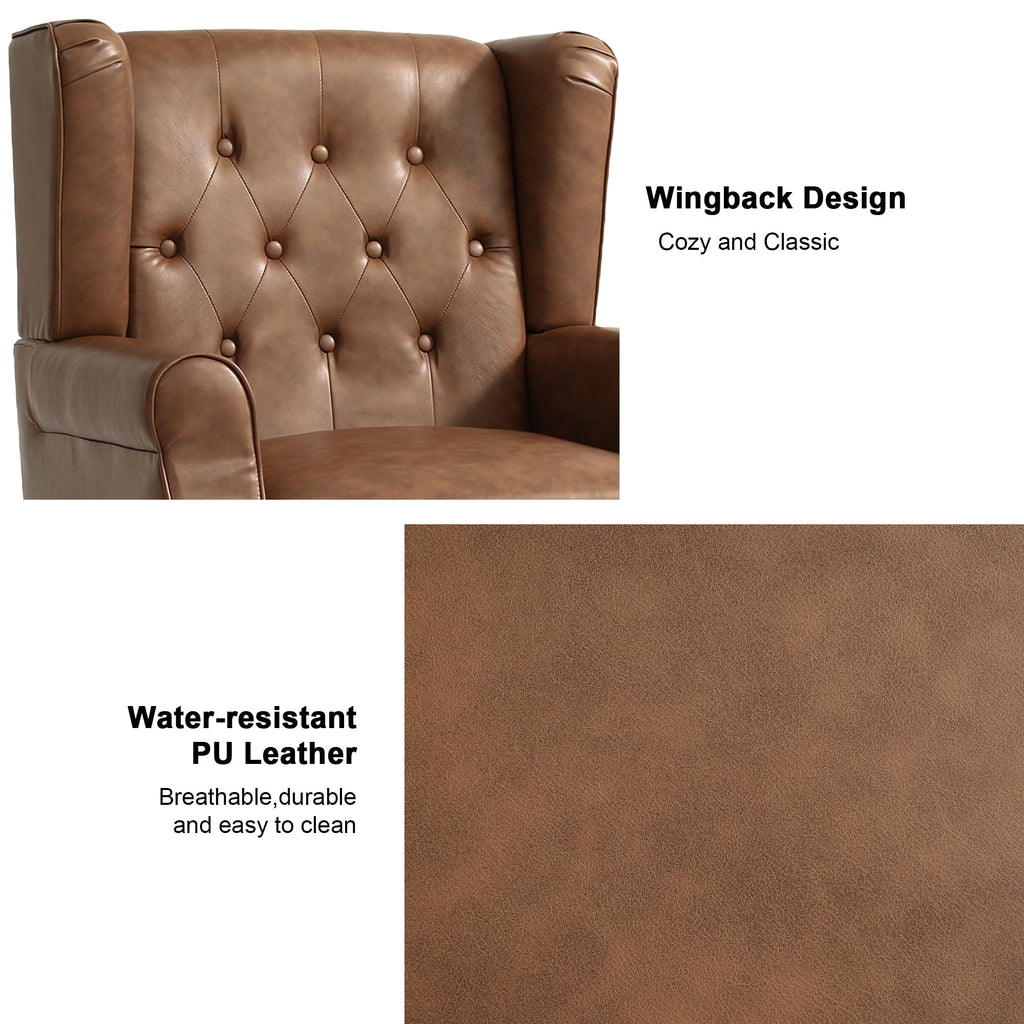 Faux Leather Wingback Accent Chairs, Tufted High Back Armchair, Brown