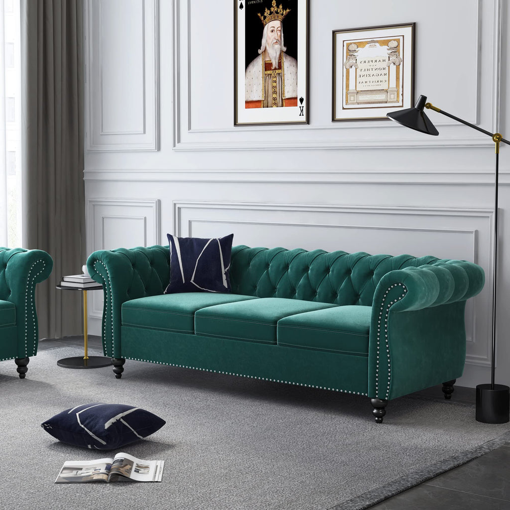 Accent Large Sofa, Chesterfield Couch 3 Seater Modern Velvet Couch Upholstered Sofa with Tufted Back Furniture (Green)