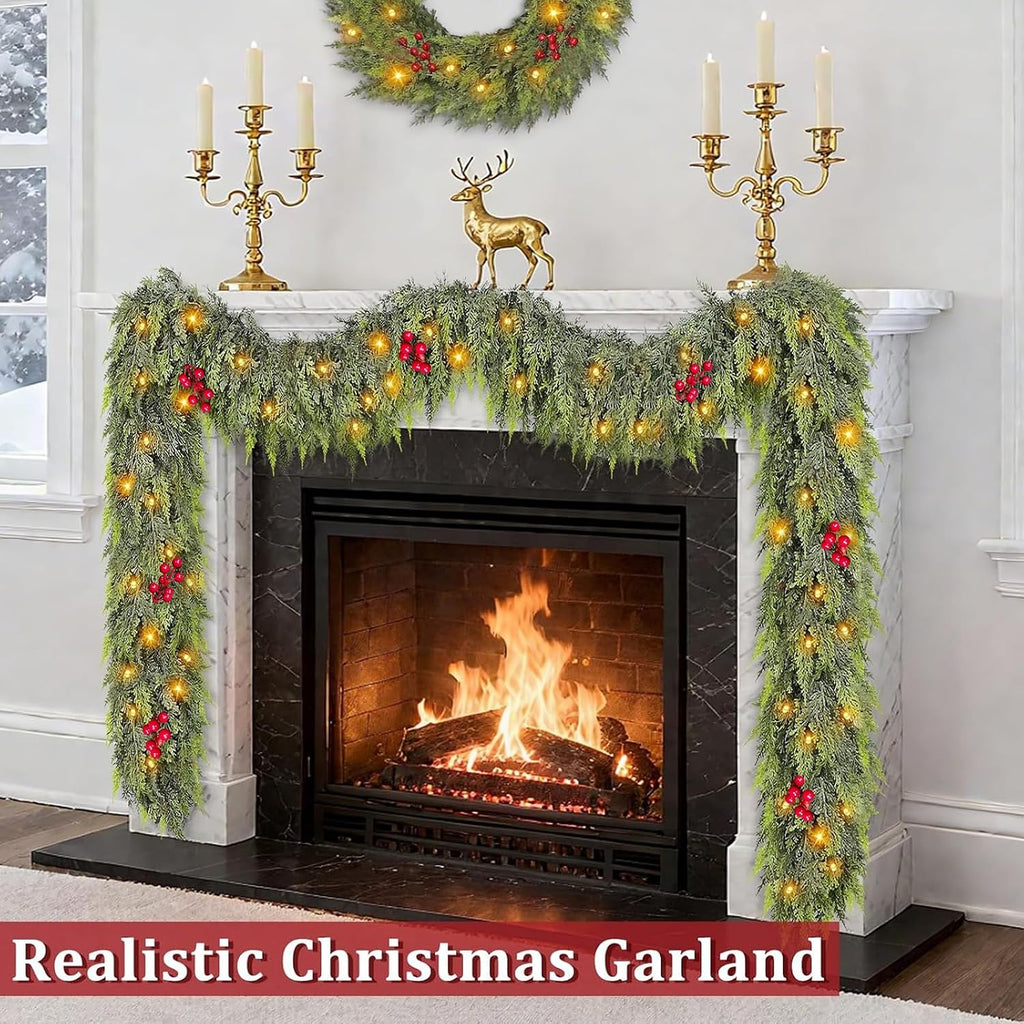 Timer & 50 LED - 9 Ft by 12 Inch Prelit Christmas Garland with Lights