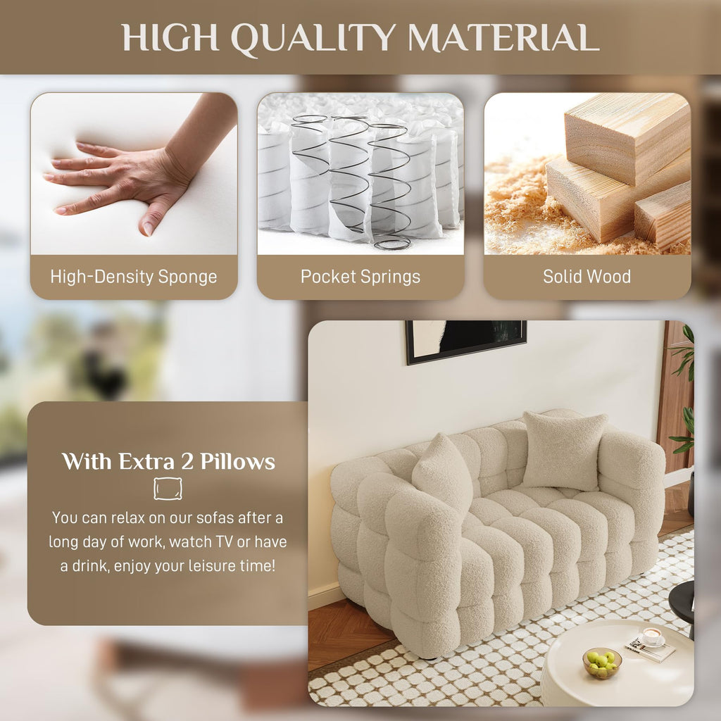 55" Boucle Cloud Loveseat with 2 Pillows, Light Brown